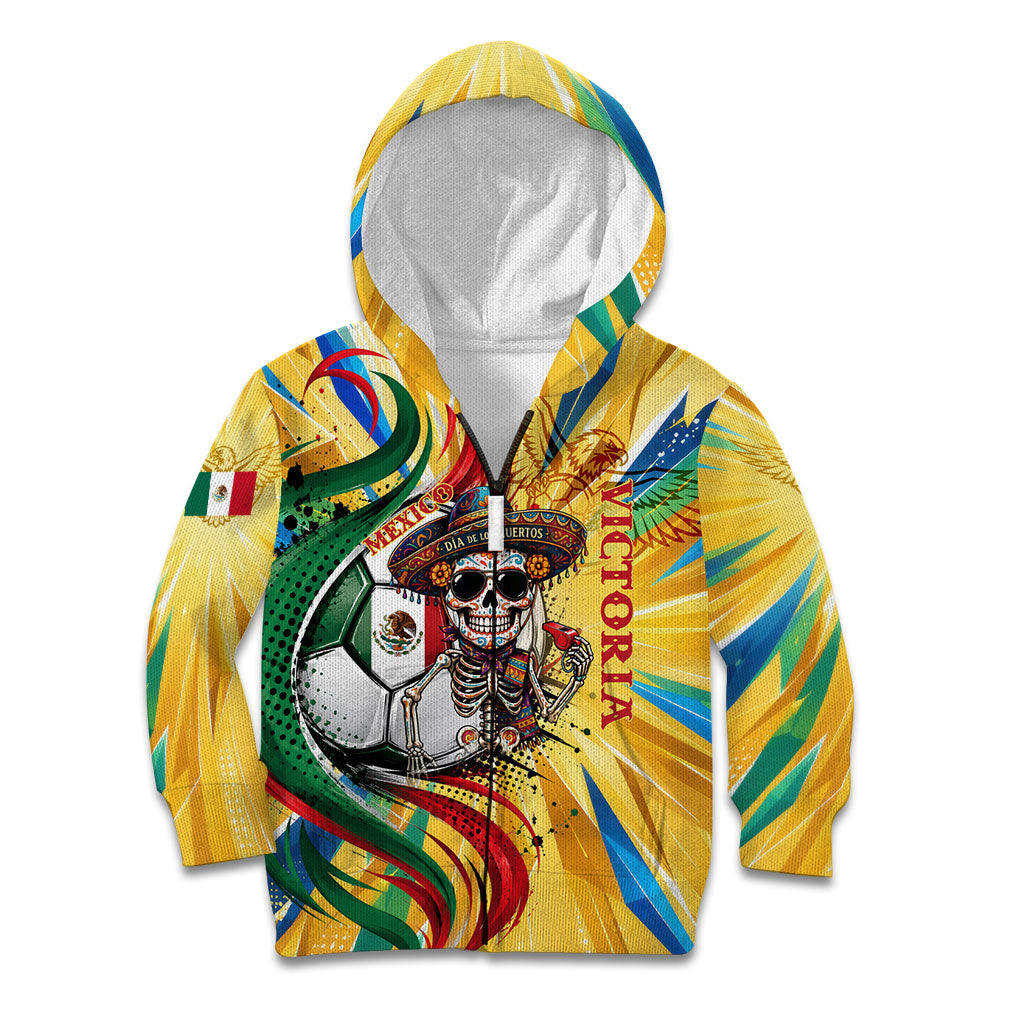Personalized Mexico Football Victoria Sugar Skull Kid Hoodie Dia De Los Muertos Cultural Art Sunburst