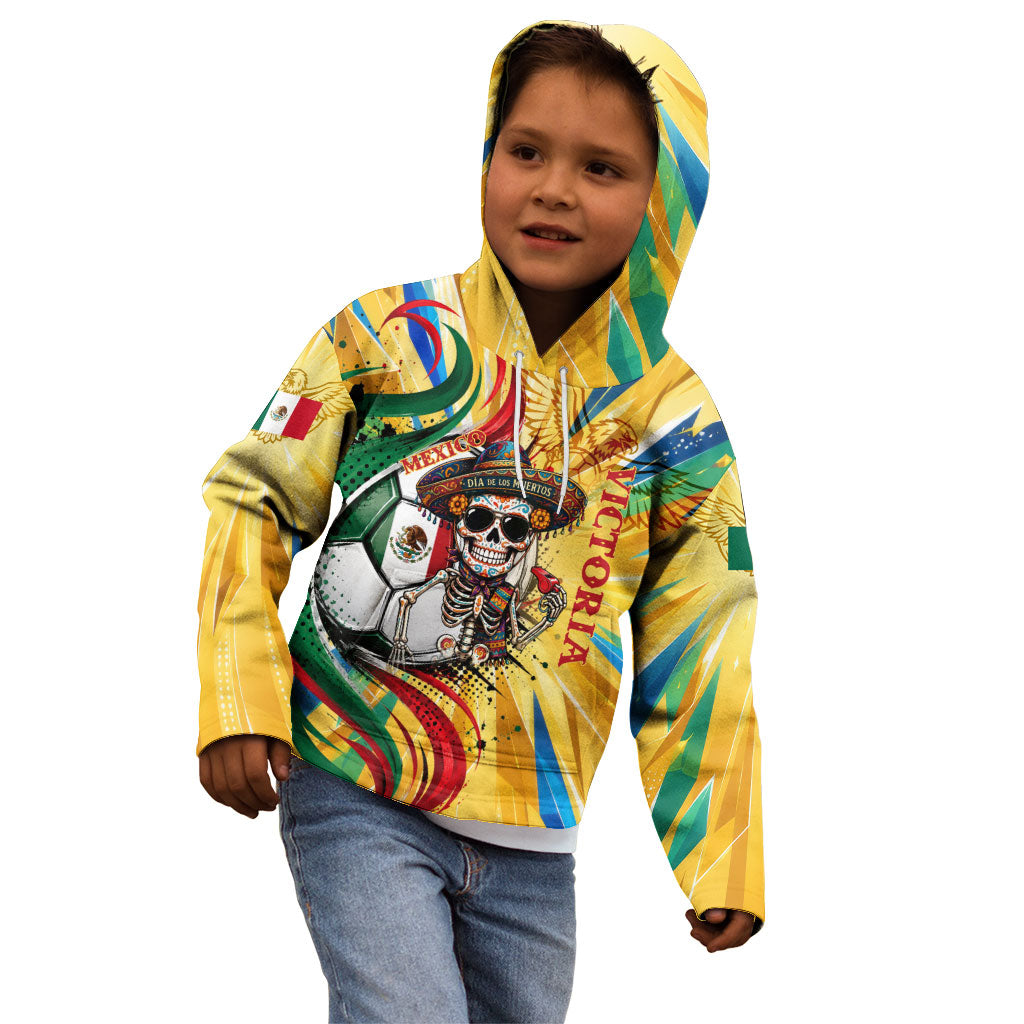 Personalized Mexico Football Victoria Sugar Skull Kid Hoodie Dia De Los Muertos Cultural Art Sunburst
