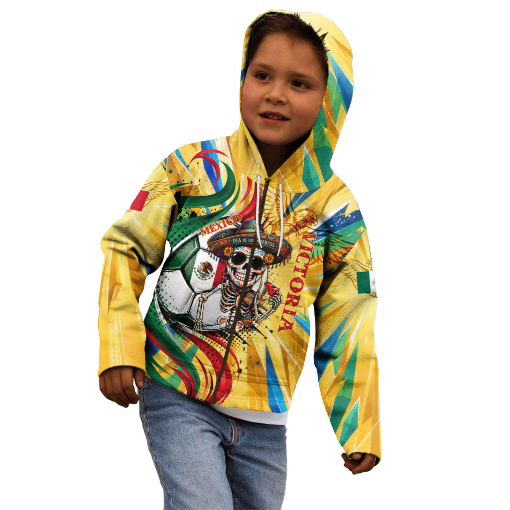 Personalized Mexico Football Victoria Sugar Skull Kid Hoodie Dia De Los Muertos Cultural Art Sunburst