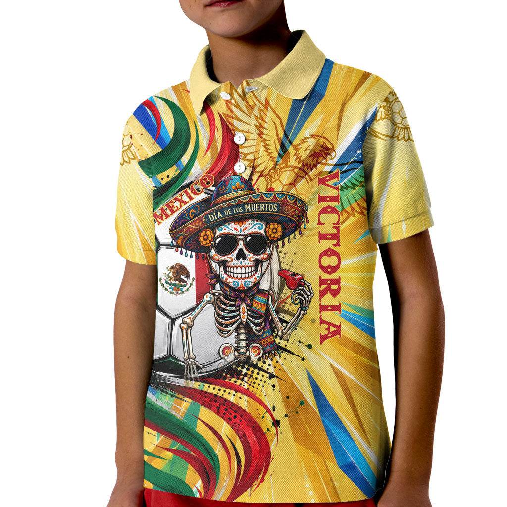 Personalized Mexico Football Victoria Sugar Skull Kid Polo Shirt Dia De Los Muertos Cultural Art Sunburst