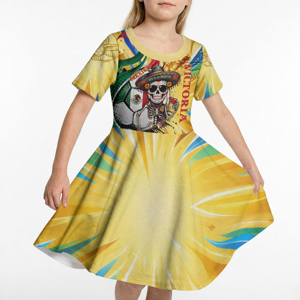 Personalized Mexico Football Victoria Sugar Skull Kid Short Sleeve Dress Dia De Los Muertos Cultural Art Sunburst
