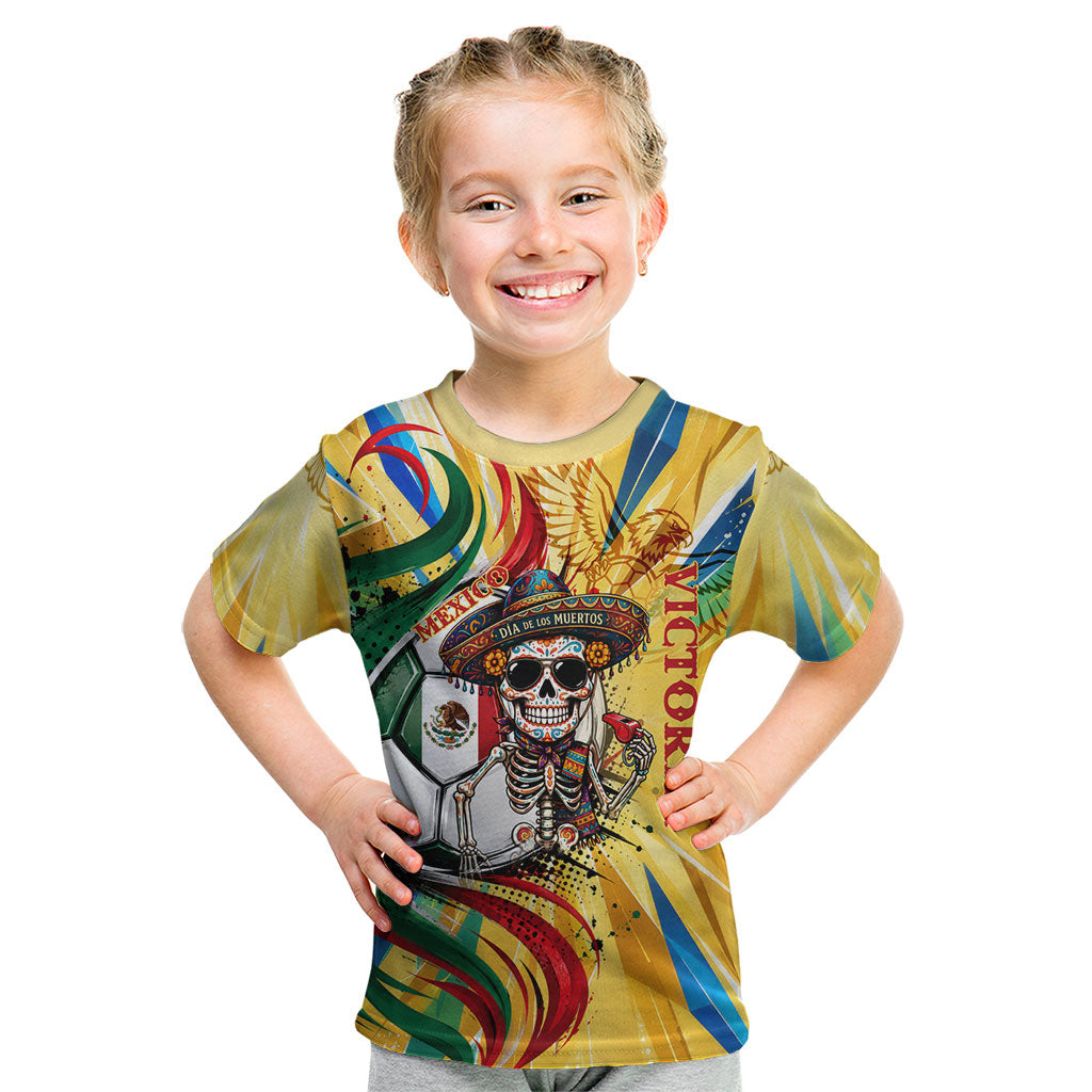 Personalized Mexico Football Victoria Sugar Skull Kid T Shirt Dia De Los Muertos Cultural Art Sunburst