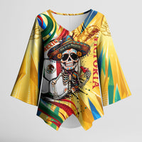 Personalized Mexico Football Victoria Sugar Skull Kimono Sleeve Blouse Dia De Los Muertos Cultural Art Sunburst