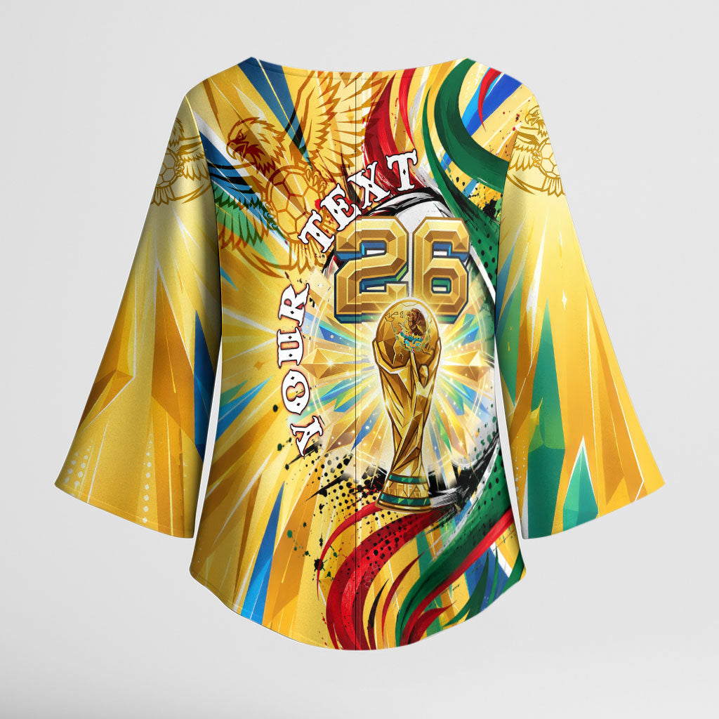 Personalized Mexico Football Victoria Sugar Skull Kimono Sleeve Blouse Dia De Los Muertos Cultural Art Sunburst