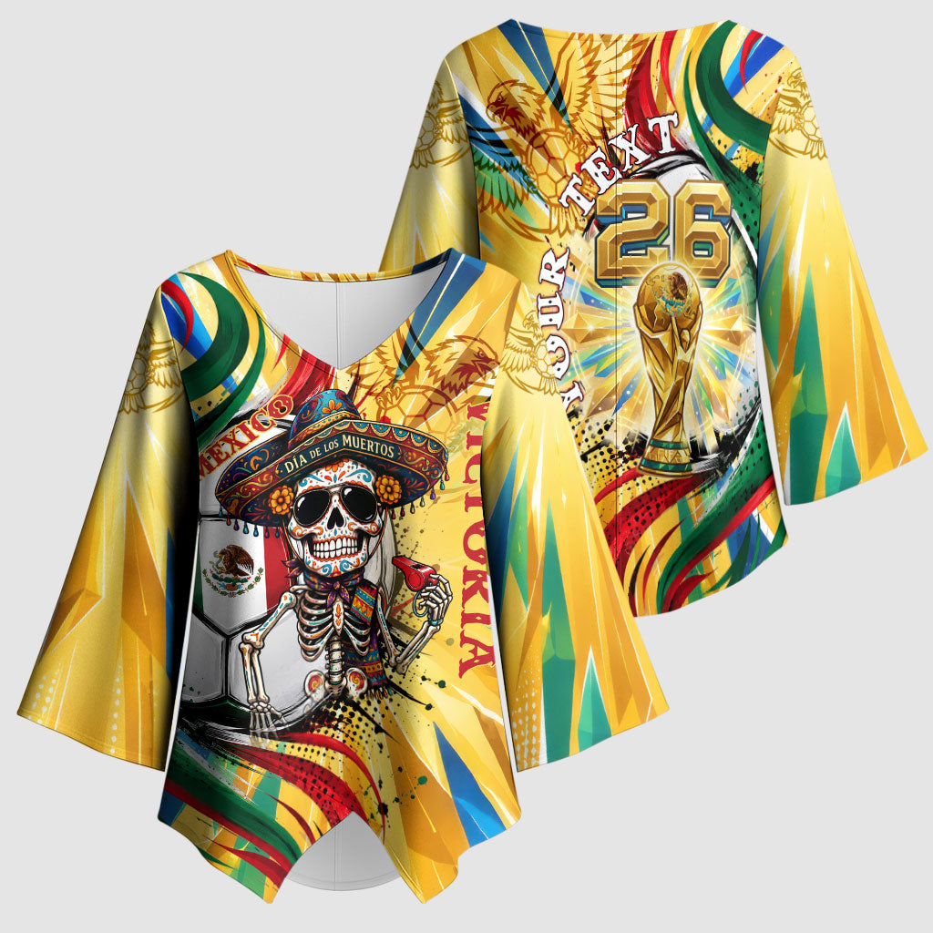 Personalized Mexico Football Victoria Sugar Skull Kimono Sleeve Blouse Dia De Los Muertos Cultural Art Sunburst