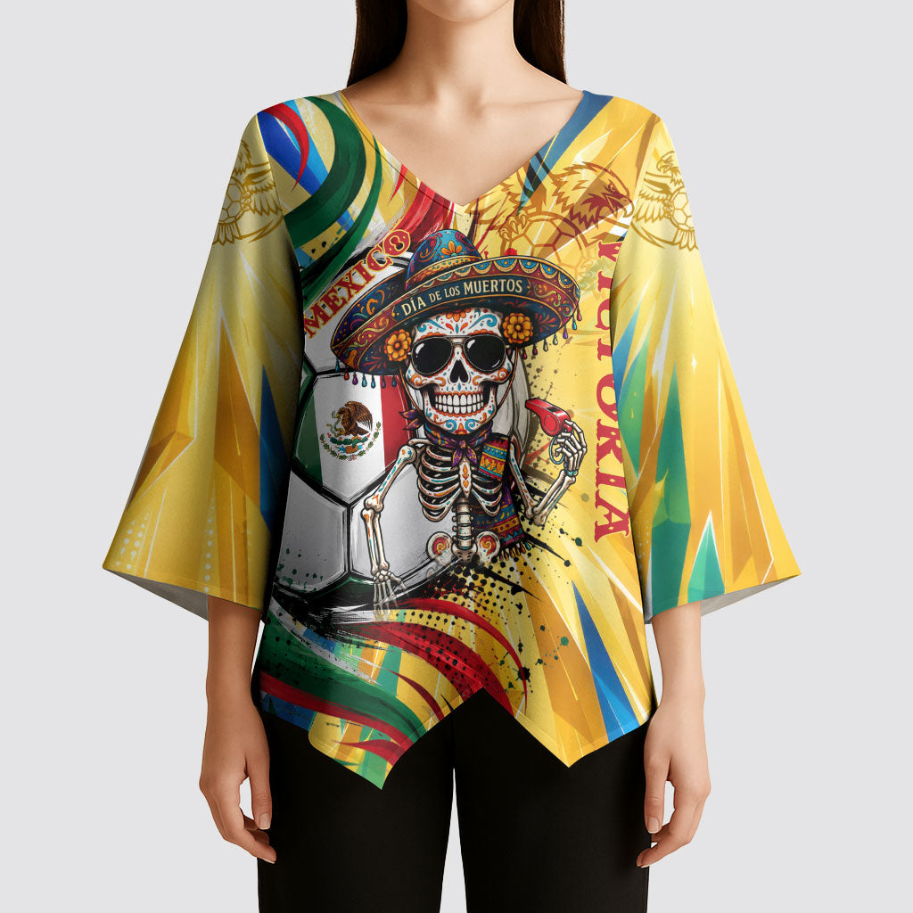 Personalized Mexico Football Victoria Sugar Skull Kimono Sleeve Blouse Dia De Los Muertos Cultural Art Sunburst