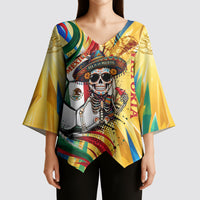Personalized Mexico Football Victoria Sugar Skull Kimono Sleeve Blouse Dia De Los Muertos Cultural Art Sunburst