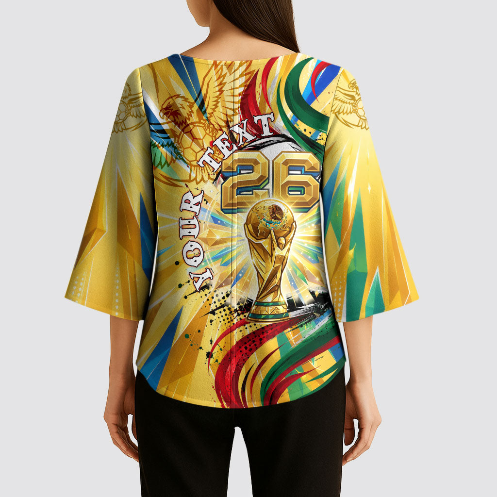 Personalized Mexico Football Victoria Sugar Skull Kimono Sleeve Blouse Dia De Los Muertos Cultural Art Sunburst