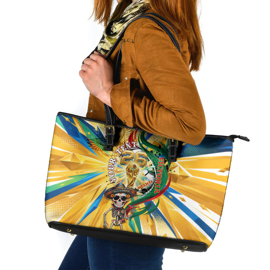 Personalized Mexico Football Victoria Sugar Skull Leather Tote Bag Dia De Los Muertos Cultural Art Sunburst