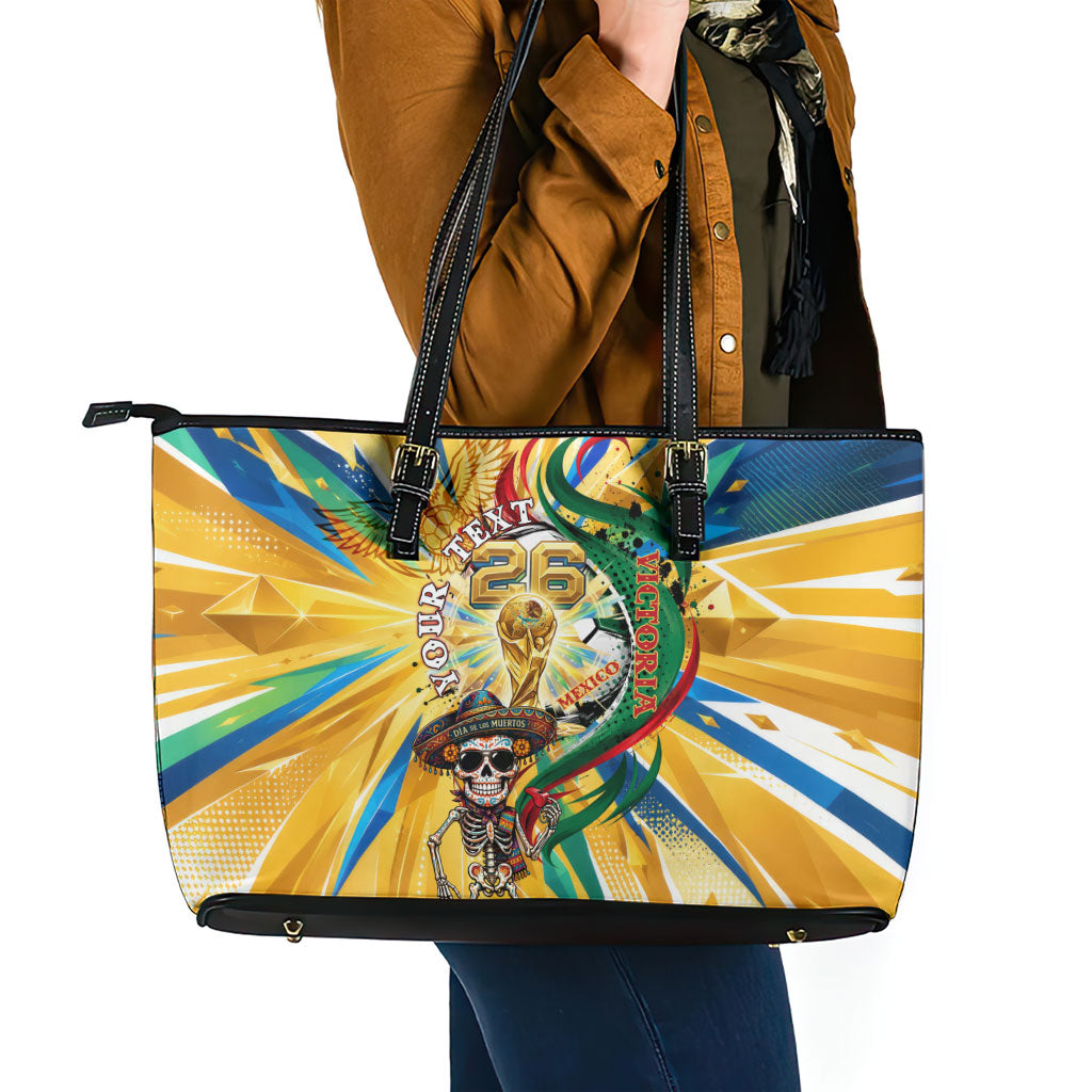 Personalized Mexico Football Victoria Sugar Skull Leather Tote Bag Dia De Los Muertos Cultural Art Sunburst