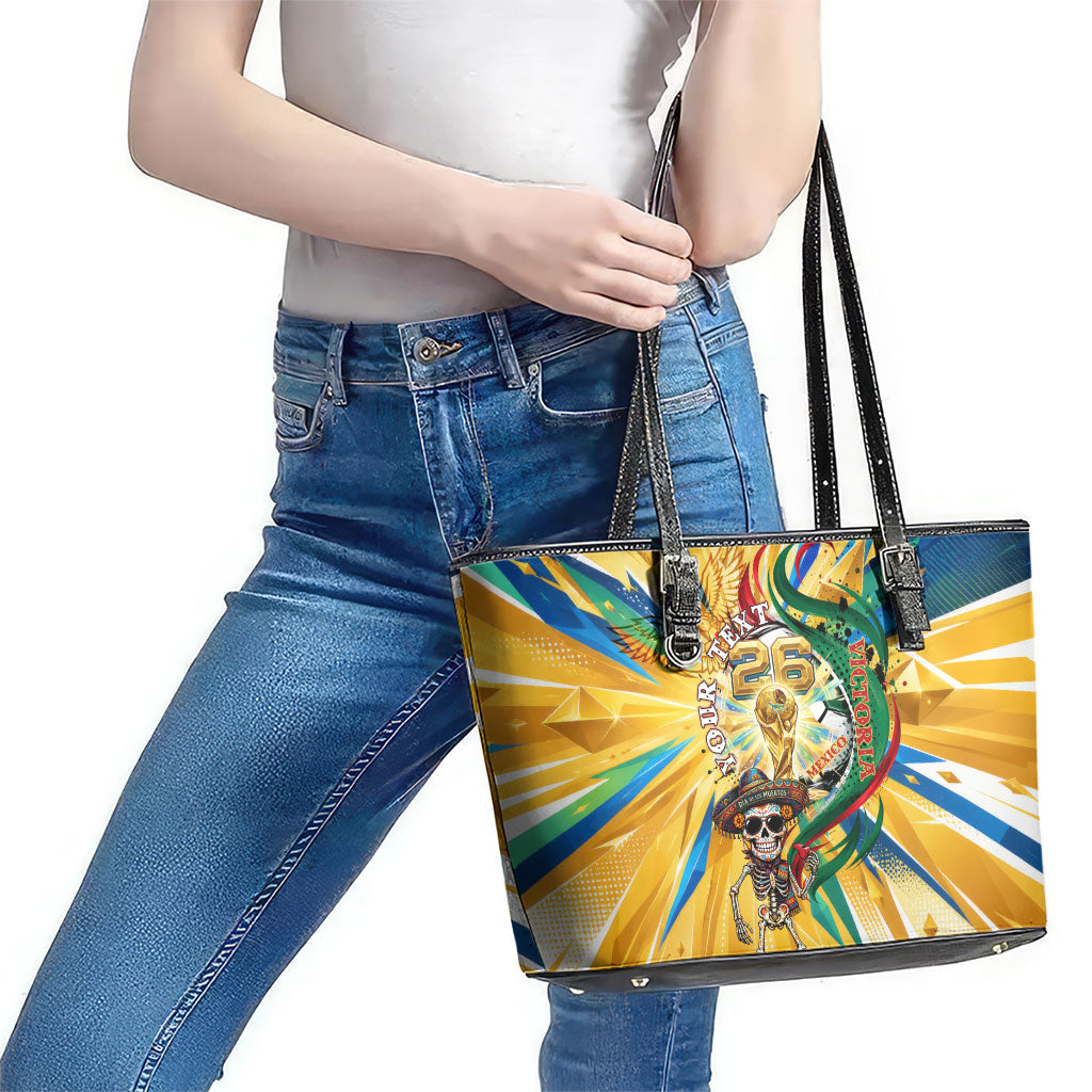 Personalized Mexico Football Victoria Sugar Skull Leather Tote Bag Dia De Los Muertos Cultural Art Sunburst