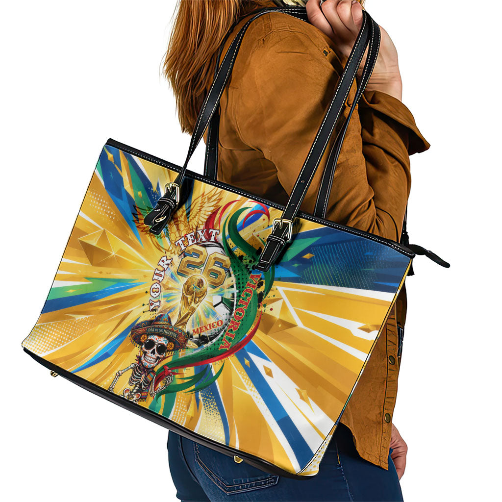 Personalized Mexico Football Victoria Sugar Skull Leather Tote Bag Dia De Los Muertos Cultural Art Sunburst