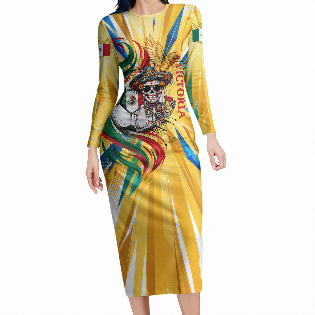 Personalized Mexico Football Victoria Sugar Skull Long Sleeve Bodycon Dress Dia De Los Muertos Cultural Art Sunburst