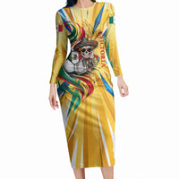 Personalized Mexico Football Victoria Sugar Skull Long Sleeve Bodycon Dress Dia De Los Muertos Cultural Art Sunburst