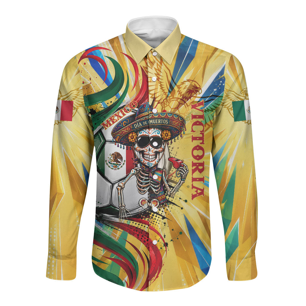 Personalized Mexico Football Victoria Sugar Skull Long Sleeve Button Shirt Dia De Los Muertos Cultural Art Sunburst