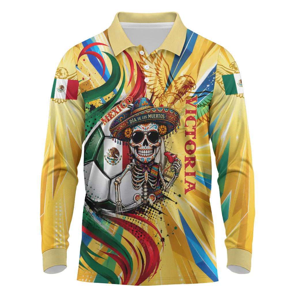 Personalized Mexico Football Victoria Sugar Skull Long Sleeve Polo Shirt Dia De Los Muertos Cultural Art Sunburst