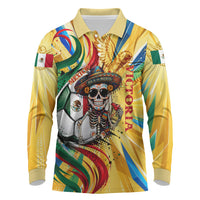 Personalized Mexico Football Victoria Sugar Skull Long Sleeve Polo Shirt Dia De Los Muertos Cultural Art Sunburst