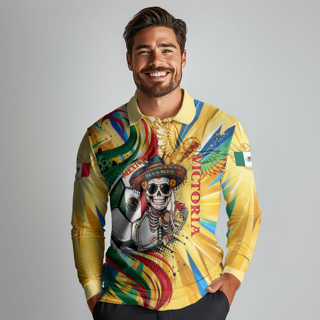 Personalized Mexico Football Victoria Sugar Skull Long Sleeve Polo Shirt Dia De Los Muertos Cultural Art Sunburst
