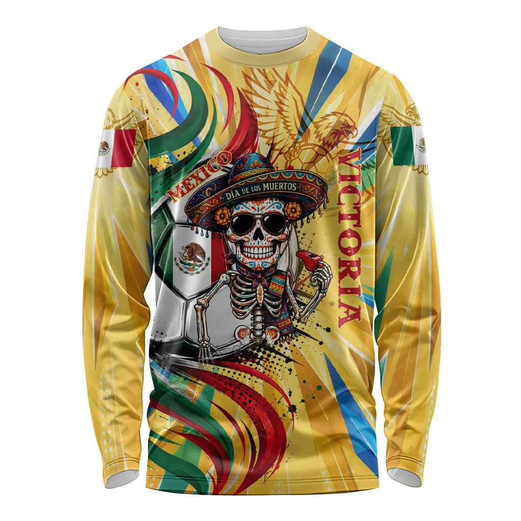 Personalized Mexico Football Victoria Sugar Skull Long Sleeve Shirt Dia De Los Muertos Cultural Art Sunburst