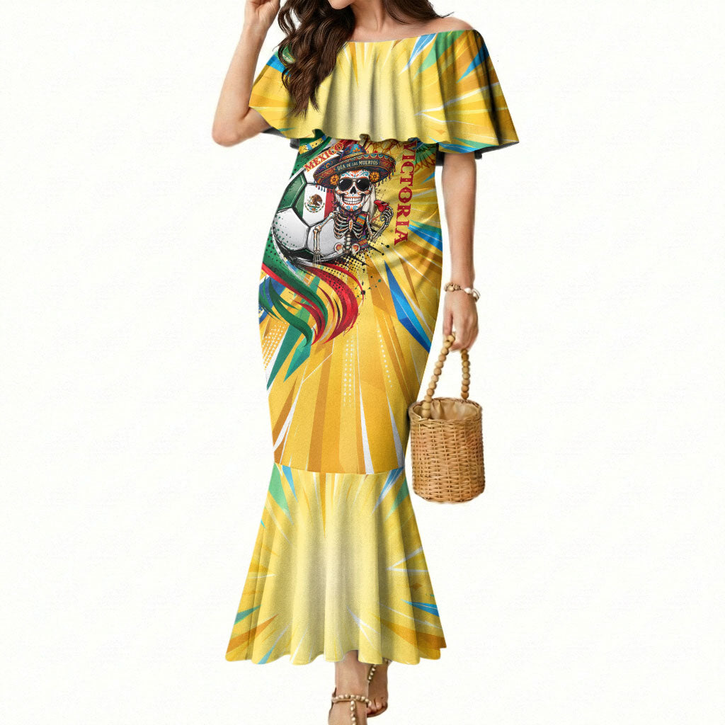 Personalized Mexico Football Victoria Sugar Skull Mermaid Dress Dia De Los Muertos Cultural Art Sunburst