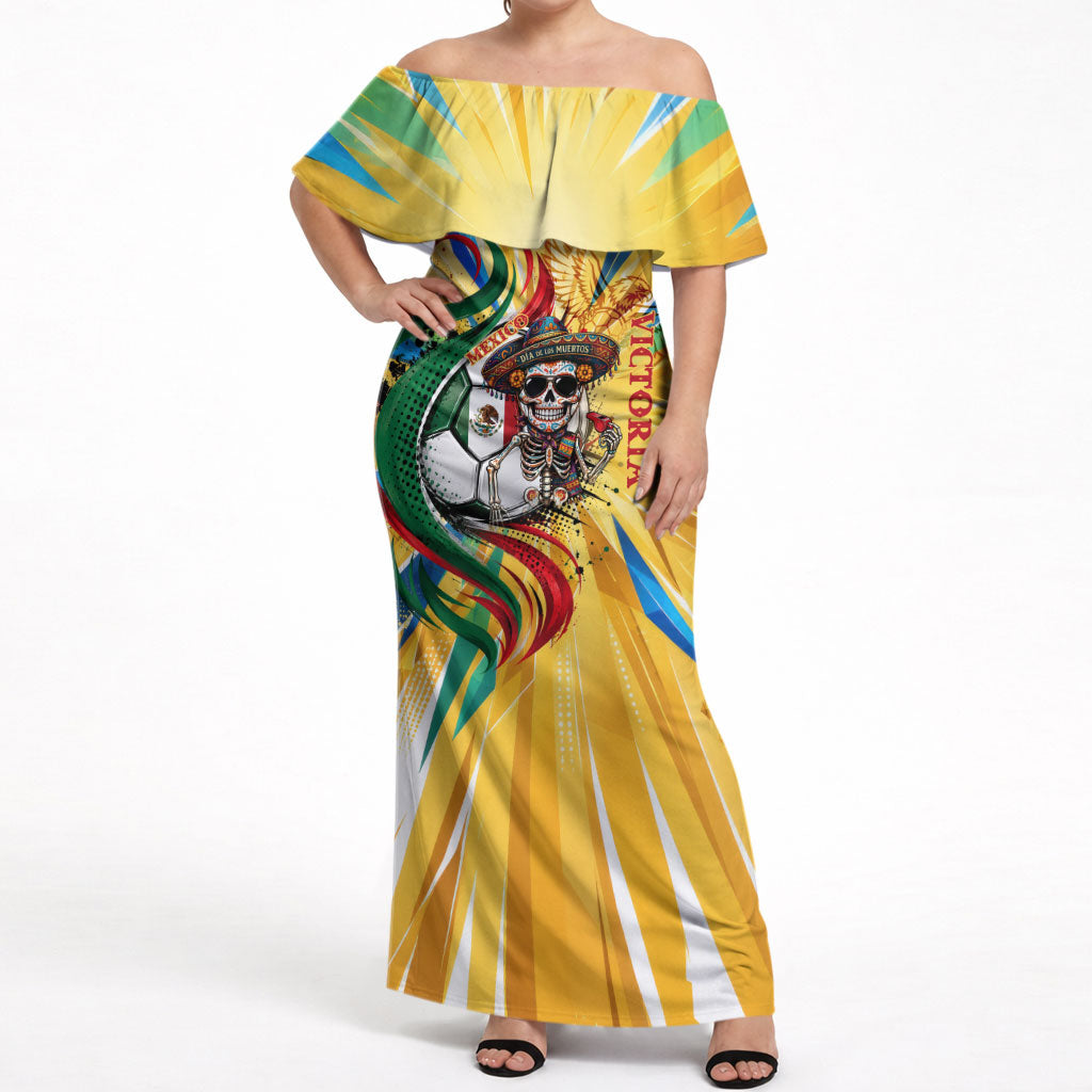 Personalized Mexico Football Victoria Sugar Skull Off Shoulder Maxi Dress Dia De Los Muertos Cultural Art Sunburst
