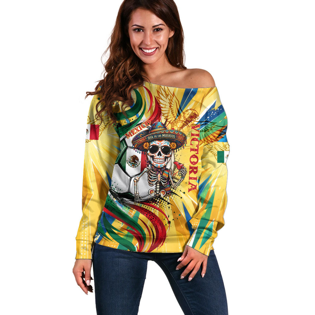 Personalized Mexico Football Victoria Sugar Skull Off Shoulder Sweater Dia De Los Muertos Cultural Art Sunburst
