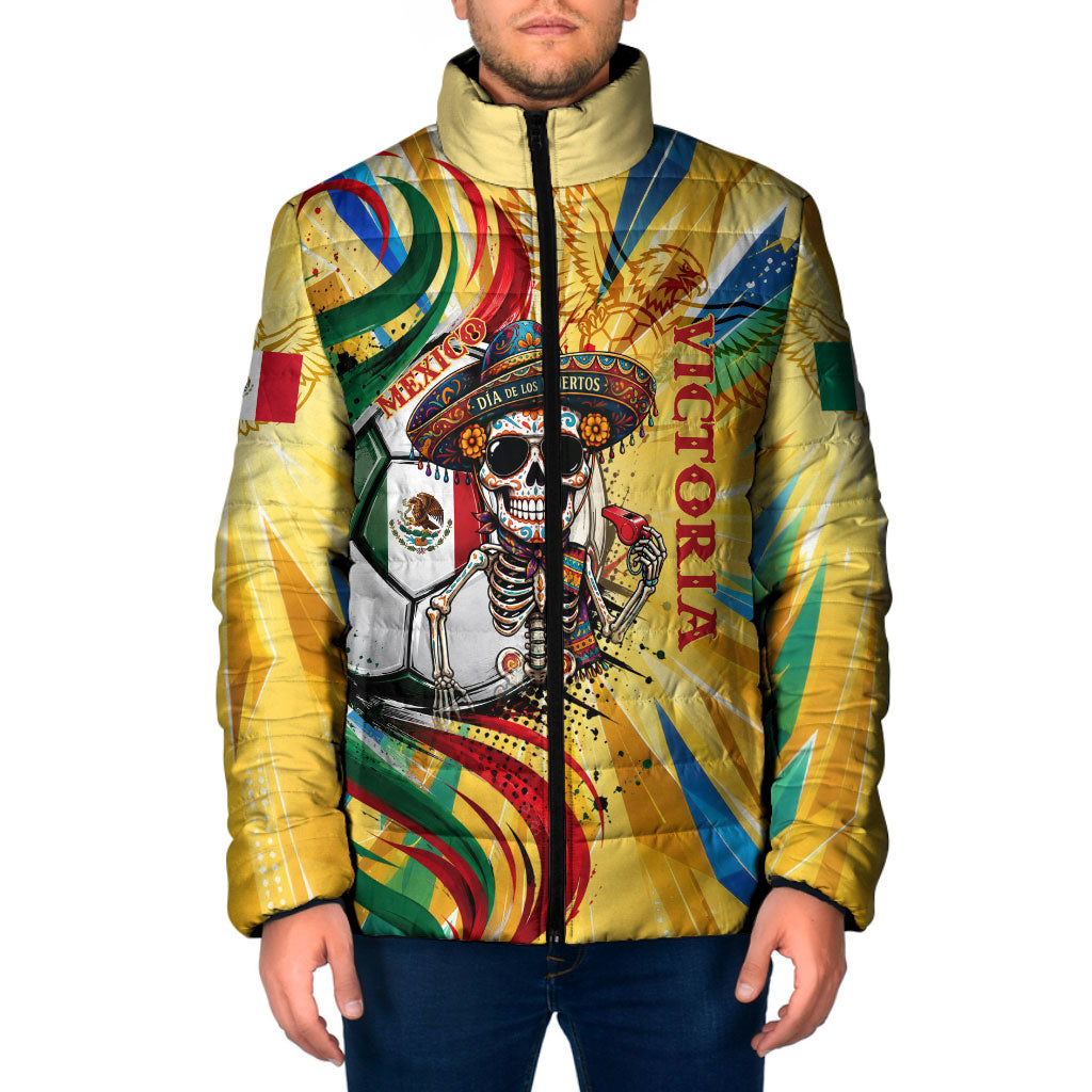 Personalized Mexico Football Victoria Sugar Skull Padded Jacket Dia De Los Muertos Cultural Art Sunburst