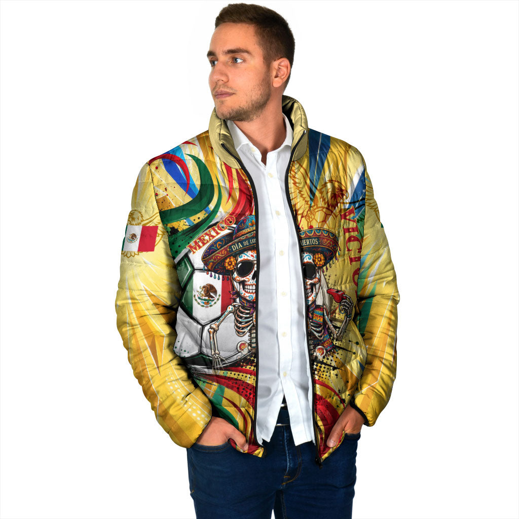 Personalized Mexico Football Victoria Sugar Skull Padded Jacket Dia De Los Muertos Cultural Art Sunburst