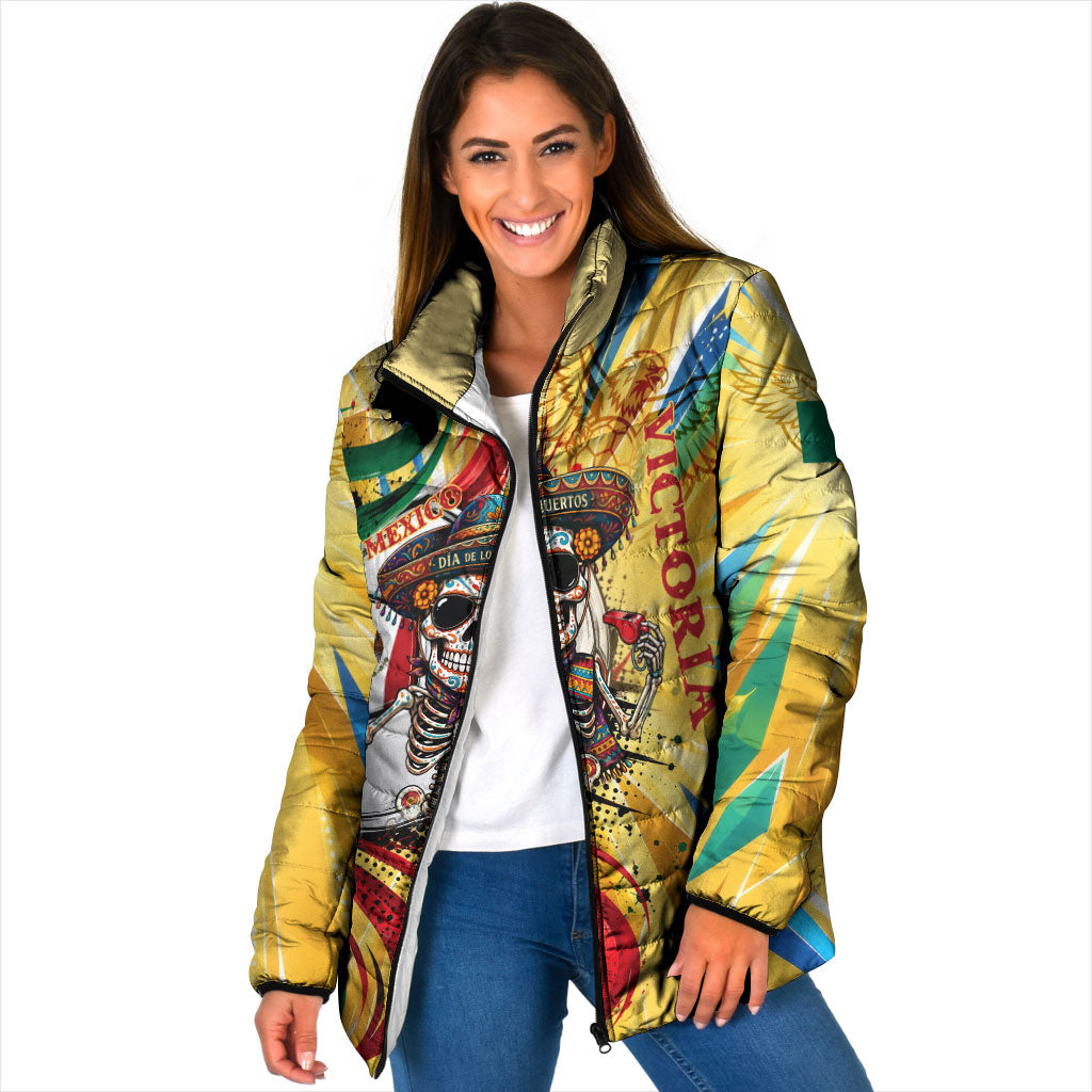 Personalized Mexico Football Victoria Sugar Skull Padded Jacket Dia De Los Muertos Cultural Art Sunburst