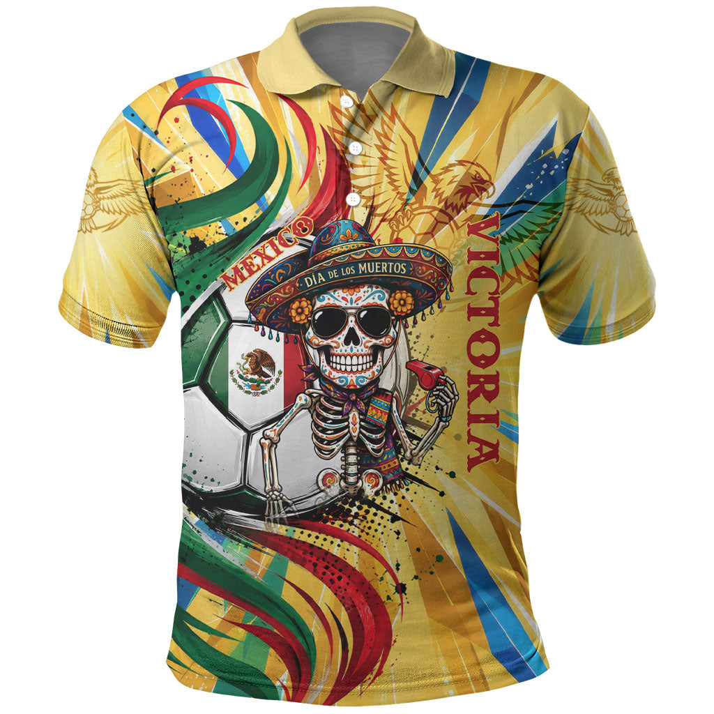 Personalized Mexico Football Victoria Sugar Skull Polo Shirt Dia De Los Muertos Cultural Art Sunburst