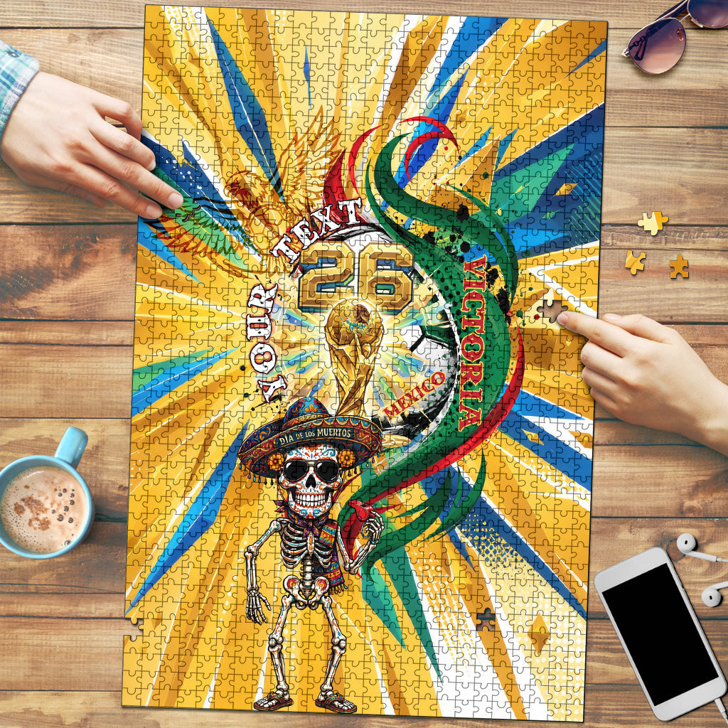Personalized Mexico Football Victoria Sugar Skull Puzzle Dia De Los Muertos Cultural Art Sunburst