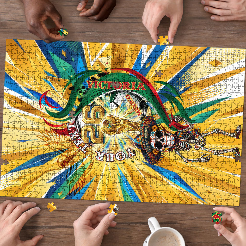 Personalized Mexico Football Victoria Sugar Skull Puzzle Dia De Los Muertos Cultural Art Sunburst