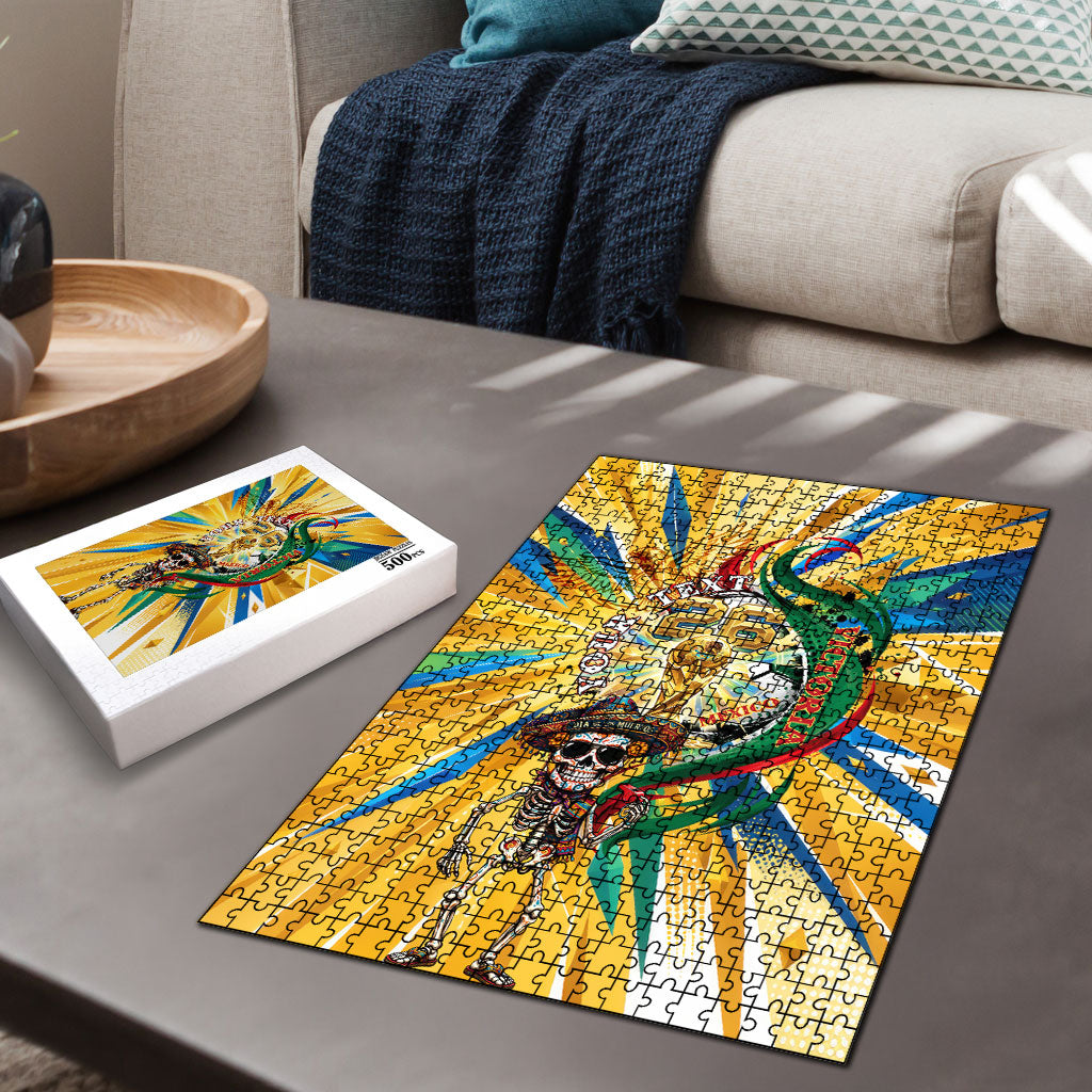 Personalized Mexico Football Victoria Sugar Skull Puzzle Dia De Los Muertos Cultural Art Sunburst