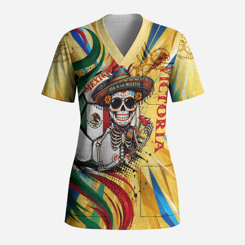 Personalized Mexico Football Victoria Sugar Skull Scrub Top Dia De Los Muertos Cultural Art Sunburst