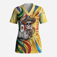 Personalized Mexico Football Victoria Sugar Skull Scrub Top Dia De Los Muertos Cultural Art Sunburst