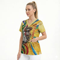 Personalized Mexico Football Victoria Sugar Skull Scrub Top Dia De Los Muertos Cultural Art Sunburst