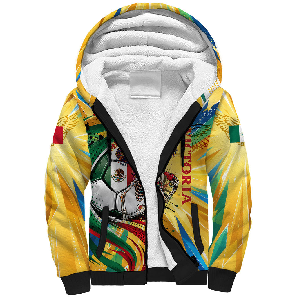 Personalized Mexico Football Victoria Sugar Skull Sherpa Hoodie Dia De Los Muertos Cultural Art Sunburst