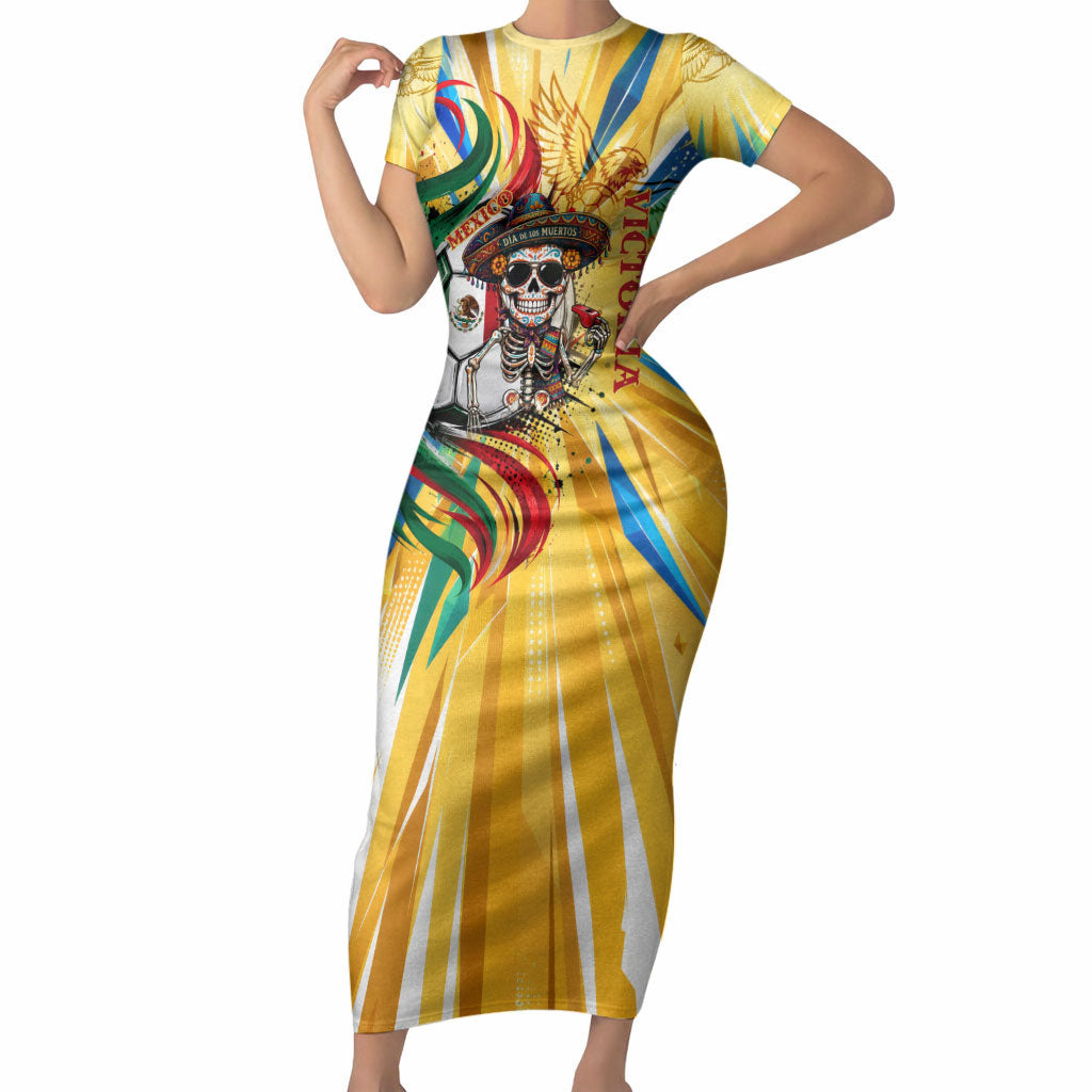 Personalized Mexico Football Victoria Sugar Skull Short Sleeve Bodycon Dress Dia De Los Muertos Cultural Art Sunburst