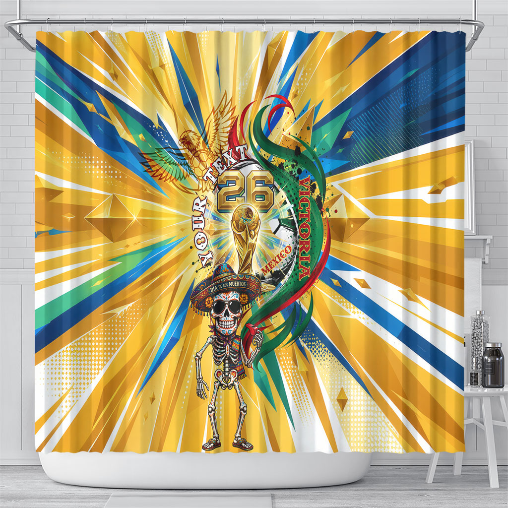 Personalized Mexico Football Victoria Sugar Skull Shower Curtain Dia De Los Muertos Cultural Art Sunburst