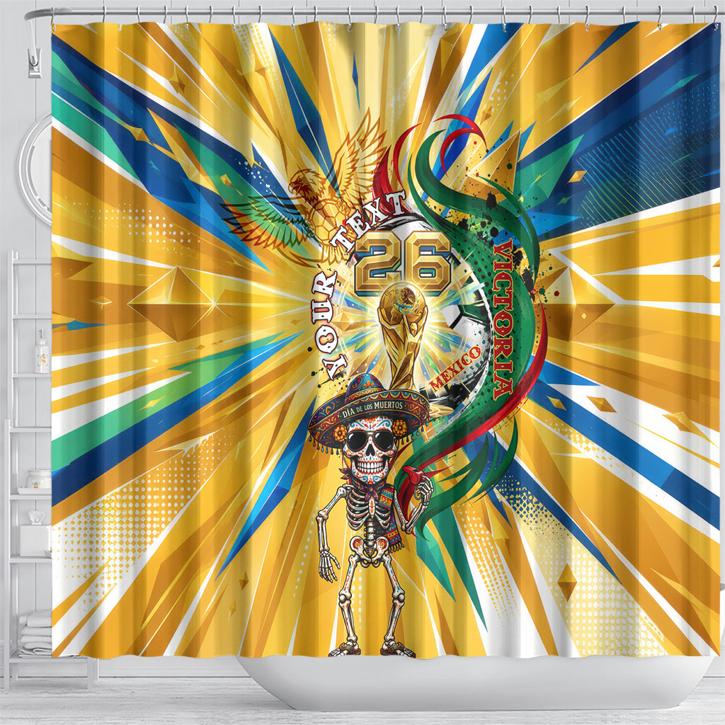 Personalized Mexico Football Victoria Sugar Skull Shower Curtain Dia De Los Muertos Cultural Art Sunburst