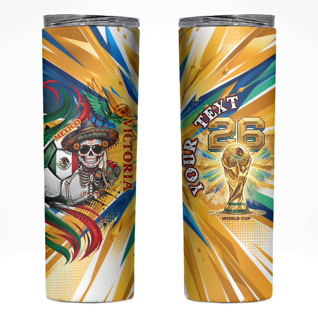 Personalized Mexico Football Victoria Sugar Skull Skinny Tumbler Dia De Los Muertos Cultural Art Sunburst