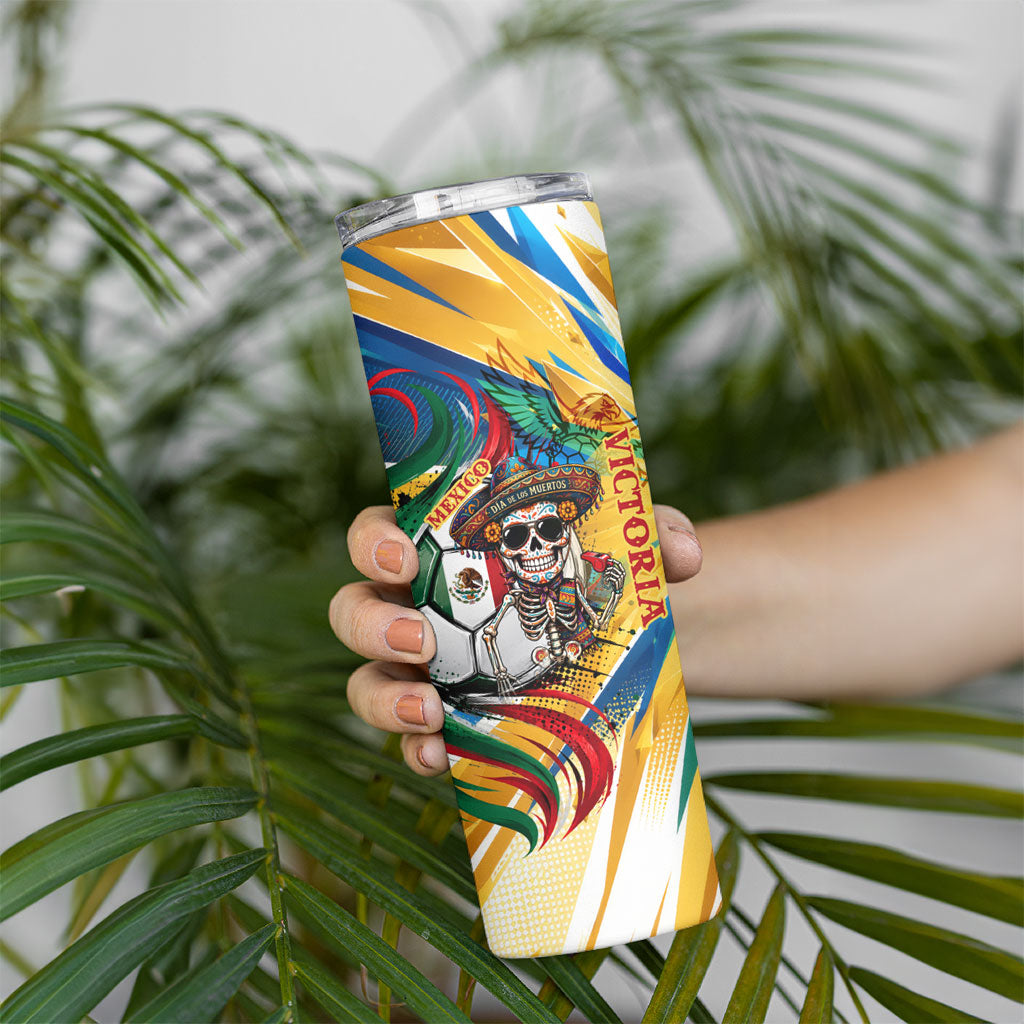 Personalized Mexico Football Victoria Sugar Skull Skinny Tumbler Dia De Los Muertos Cultural Art Sunburst