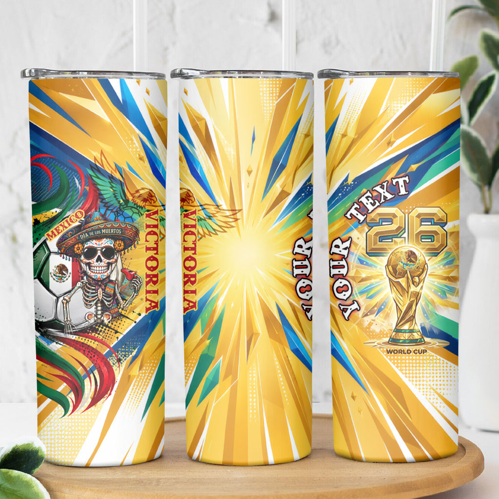 Personalized Mexico Football Victoria Sugar Skull Skinny Tumbler Dia De Los Muertos Cultural Art Sunburst