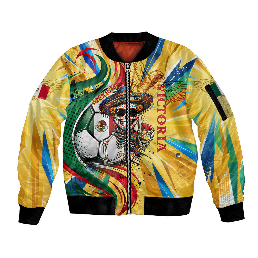 Personalized Mexico Football Victoria Sugar Skull Sleeve Zip Bomber Jacket Dia De Los Muertos Cultural Art Sunburst