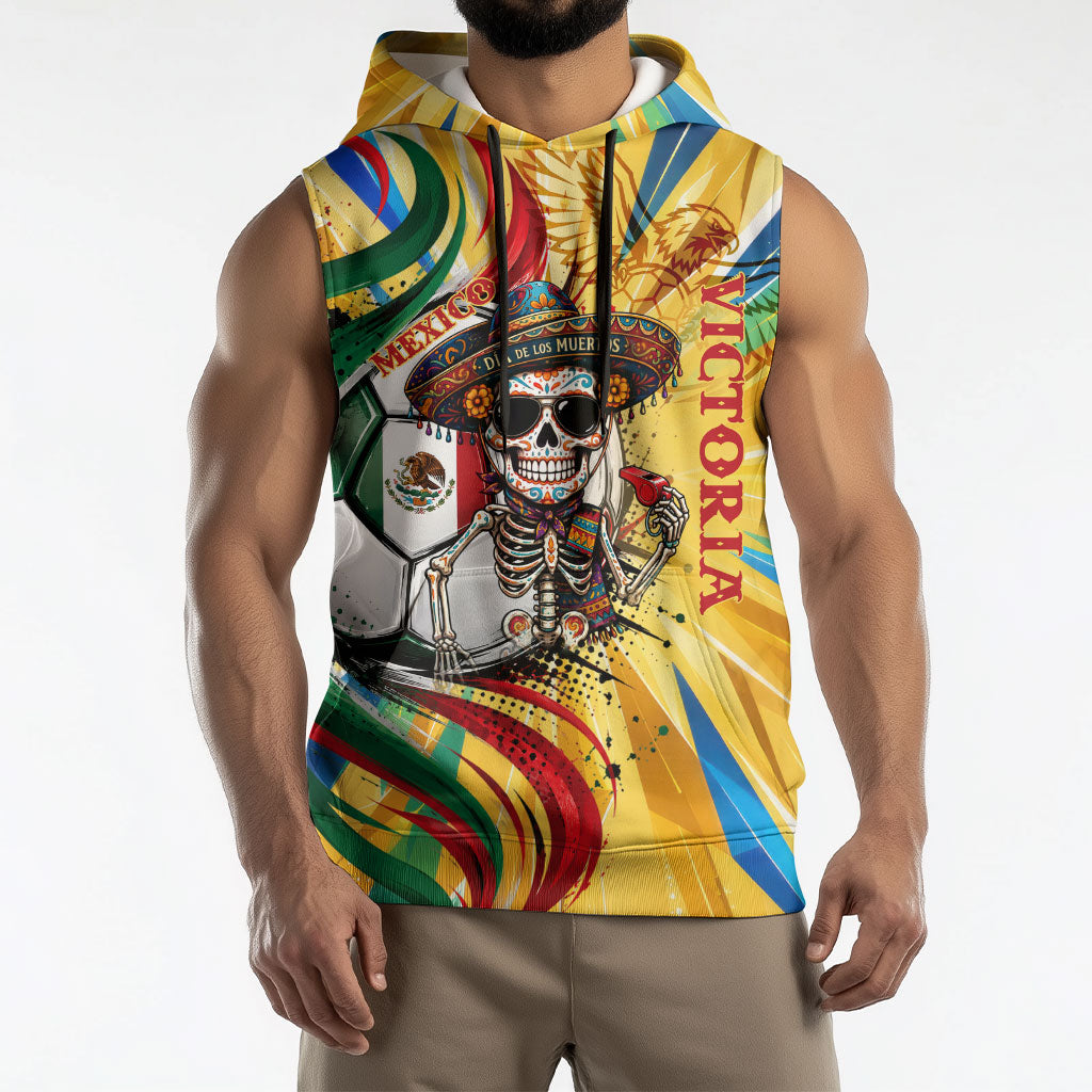Personalized Mexico Football Victoria Sugar Skull Sleeveless Hoodie Dia De Los Muertos Cultural Art Sunburst
