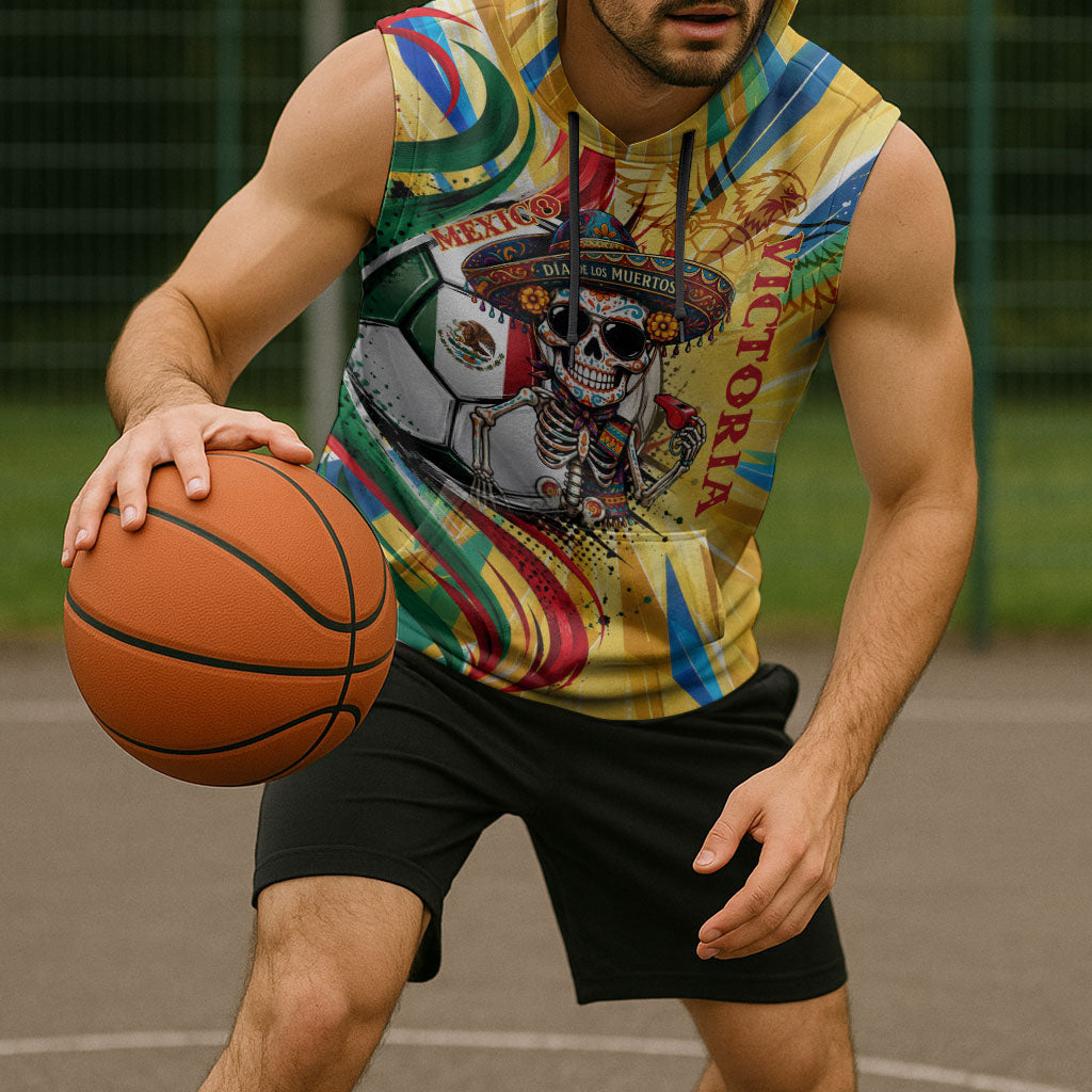 Personalized Mexico Football Victoria Sugar Skull Sleeveless Hoodie Dia De Los Muertos Cultural Art Sunburst