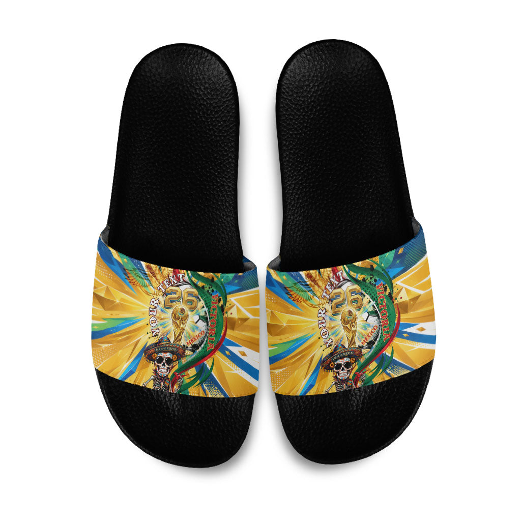 Personalized Mexico Football Victoria Sugar Skull Slide Sandals Dia De Los Muertos Cultural Art Sunburst