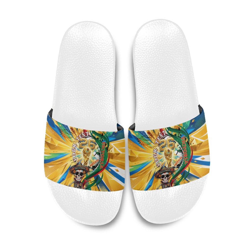 Personalized Mexico Football Victoria Sugar Skull Slide Sandals Dia De Los Muertos Cultural Art Sunburst
