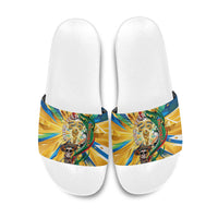 Personalized Mexico Football Victoria Sugar Skull Slide Sandals Dia De Los Muertos Cultural Art Sunburst