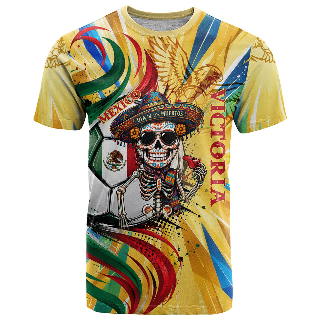Personalized Mexico Football Victoria Sugar Skull T Shirt Dia De Los Muertos Cultural Art Sunburst